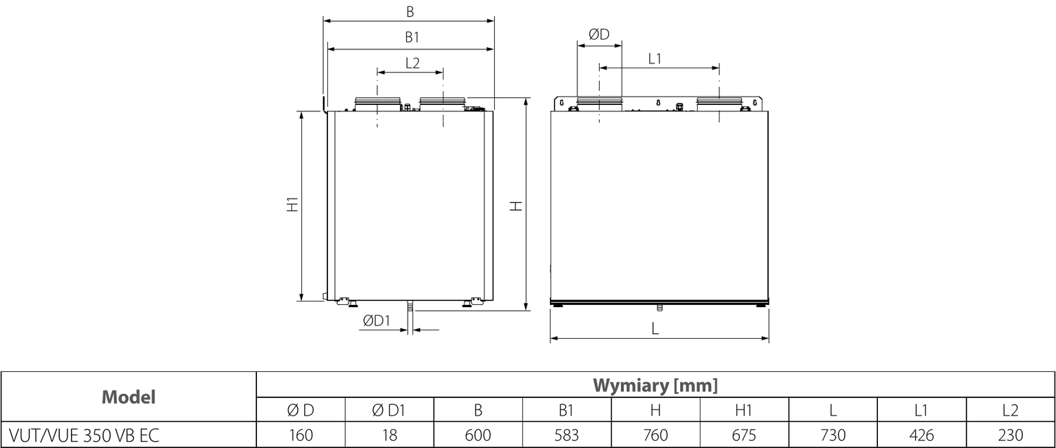Rysunek techniczny z wymiarami – rekuperator VENTS VUT 350 VB EC A21
